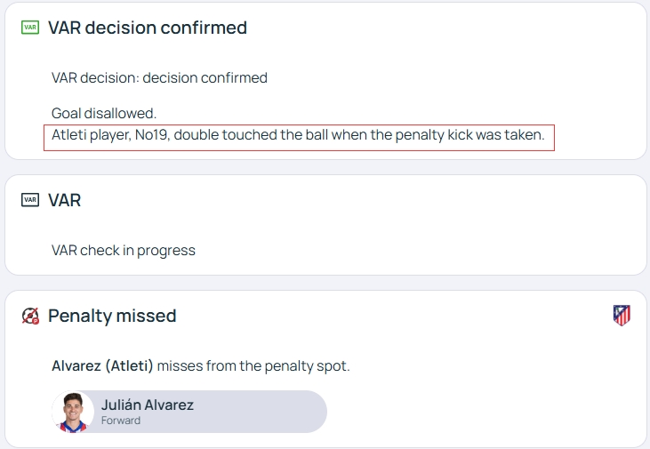 官方明確！歐冠官網(wǎng)：阿爾瓦雷斯罰點(diǎn)時2次觸球，VAR決定進(jìn)球無效